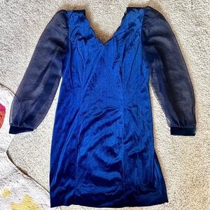 Vintage Royal blue/navy velvet dress with sheer sleeves and a scallop V neckline